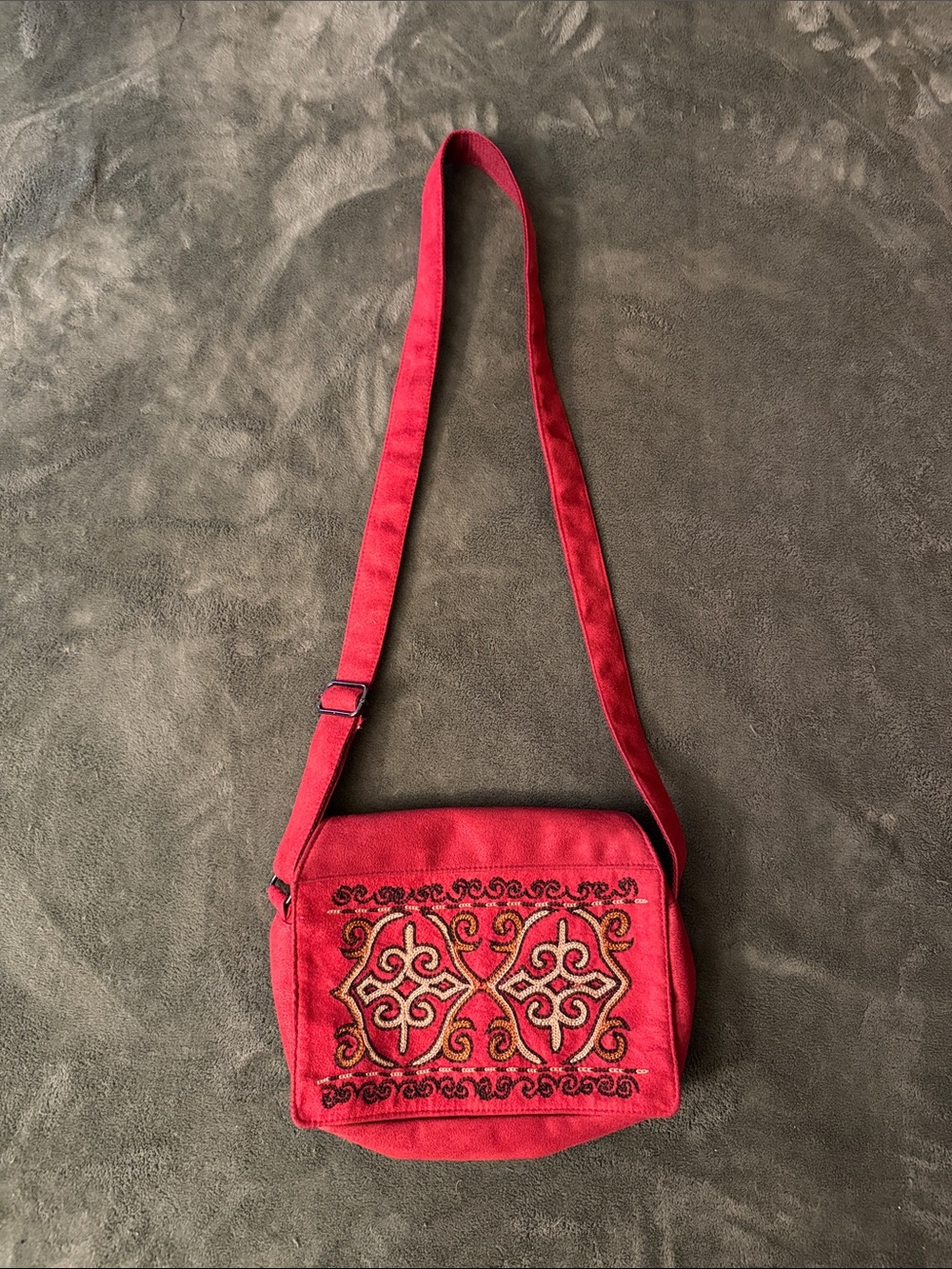 Red Suede Embroidered Crossbody Bag